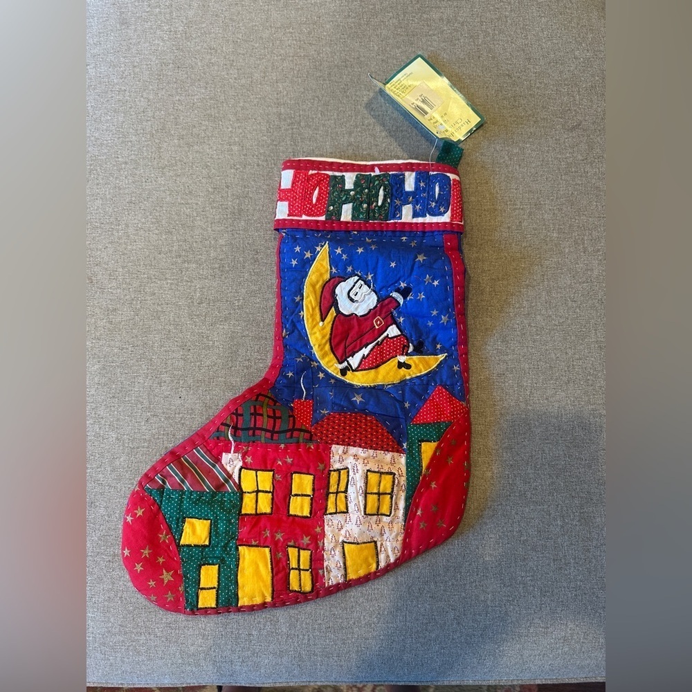 Festive Vintage Quilted Christmas Stocking with Santa Design